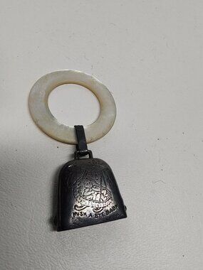 Antique Sterling Silver Mother of Pearl Baby Rattle Teething Ring 3" Tall